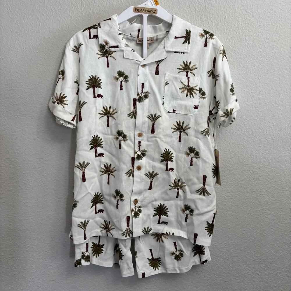 Bearpaw Boys Size M White Palm Tree Linen Blend Shirt and Shorts Set NEW